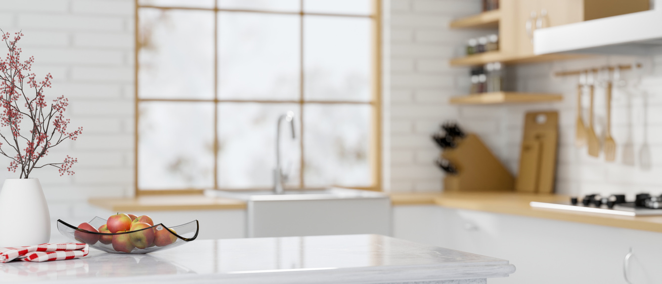 Marble granite kitchen counter island on modern kitchen